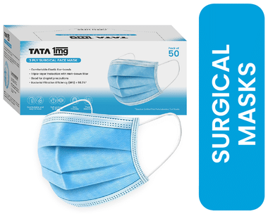 Tata 1mg 3 Ply Surgical Mask with Meltblown Filter and Nose Pin 50 Mask Light Blue