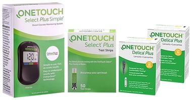 OneTouch Select Plus Simple Glucometer Value Pack (with 10 Test Strip Free) + 1 Pack of 50 Test Strip + 2 Pack of 25 Lancet