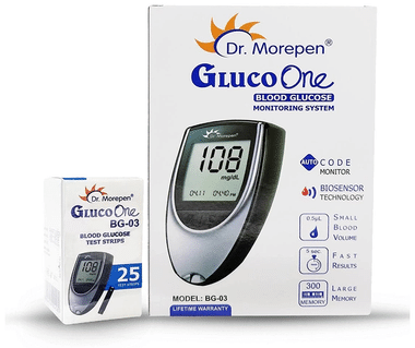 Dr Morepen BG 03 Gluco One Glucose Monitoring System with Gluco One BG 03 Blood Glucose 25 Test Strip